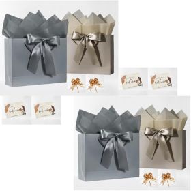 Gift Bags Set of 4 Medium size with Handles, 8 Tissue Papers, 4 Greeting Cards and 4 Pull Ribbons- Perfect for Birthdays, Weddings, Christmas