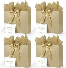 Gift Bag, 4PCS  Champagne Gift Bag with 4 Ribbon and 4 Greeting Cards 8 Tissue Paper