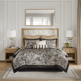12 Piece Comforter Set With Cotton Bed Sheets Black Full (Option: black)