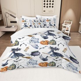 8 Pieces Halloween Comforter Set, Witch Pattern Bed In A Bag Bedding With Comforter Sheet Sham - 1 Comforter, 2 Pillow Shams, 1 Flat Sheet, 1 Fit (Option: Twin-white)