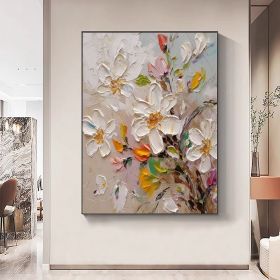 Hand Painted Oil Painting Flower Oil Painting On Canvas Heavy Textured Palette Knife Wall Decor Floral Wall Art Custom Painting White Floral Livi (Style: 01, size: 90x120cm)