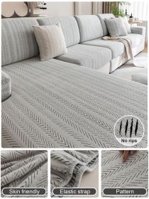 1PC Shake Fleece Fishbone Patterned Sofa Hat with Elastic All Inclusive Universal Set, Anti Cat Scratch and Anti Slip Sofa Cushion (Color: Dark Gray, size: 3-seater seat)