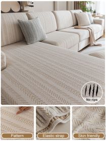 1PC Shake Fleece Fishbone Patterned Sofa Hat with Elastic All Inclusive Universal Set, Anti Cat Scratch and Anti Slip Sofa Cushion (Color: Beige, size: L-shaped sofa)