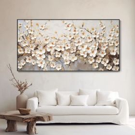 Spring Blooming Pear Hand Painted Blossom Landscape Oil Painting Hand Heavy Textured White Floral Art Modern Elegant Home Wall Decor Customizable (Style: 01, size: 60x120cm)