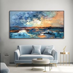Hand Painted Abstract Ocean Seascape Canvas Oil Painting Sunrise Cloud Landscape Knife Painting Beach Coastal Hand Textured Wall Art Custom Vacat (Style: 01, size: 70x140cm)