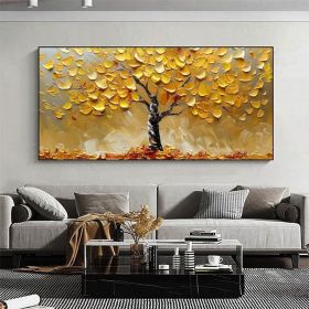 Abstract Golden Tree Oil Painting On Canvas Large Original Gold Yellow Tree of Life Texture Wall Art Custom Modern Living Room Home Decor (Style: 01, size: 60x120cm)